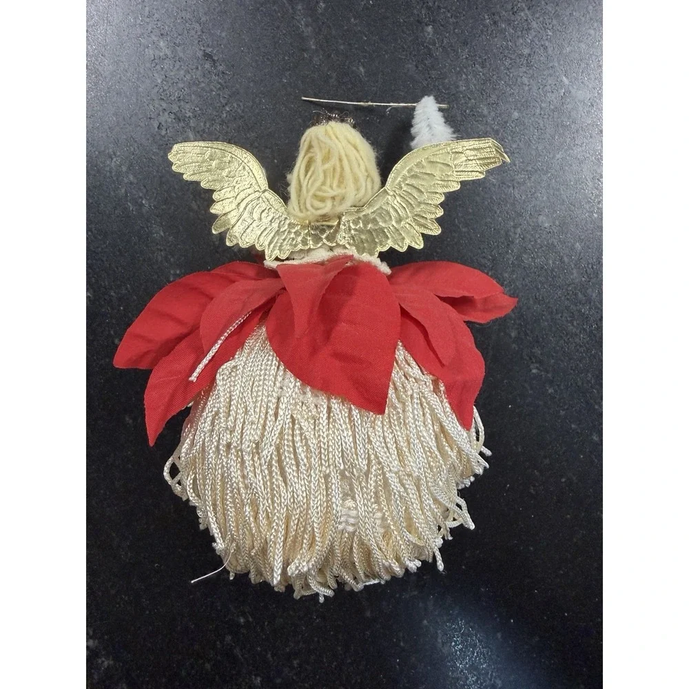 Vtg Handmade Christmas Angel Ornament Poinsettia Sequins Yarn Hair Gold Wings 6
